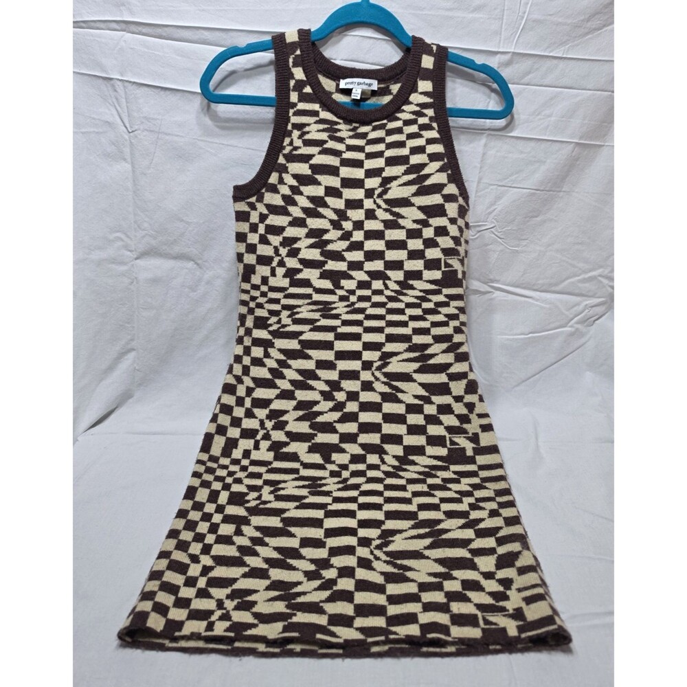 Pretty Garbage Brown/Beige Geometric Knit Sleeveless Round Neck Mini Dress S